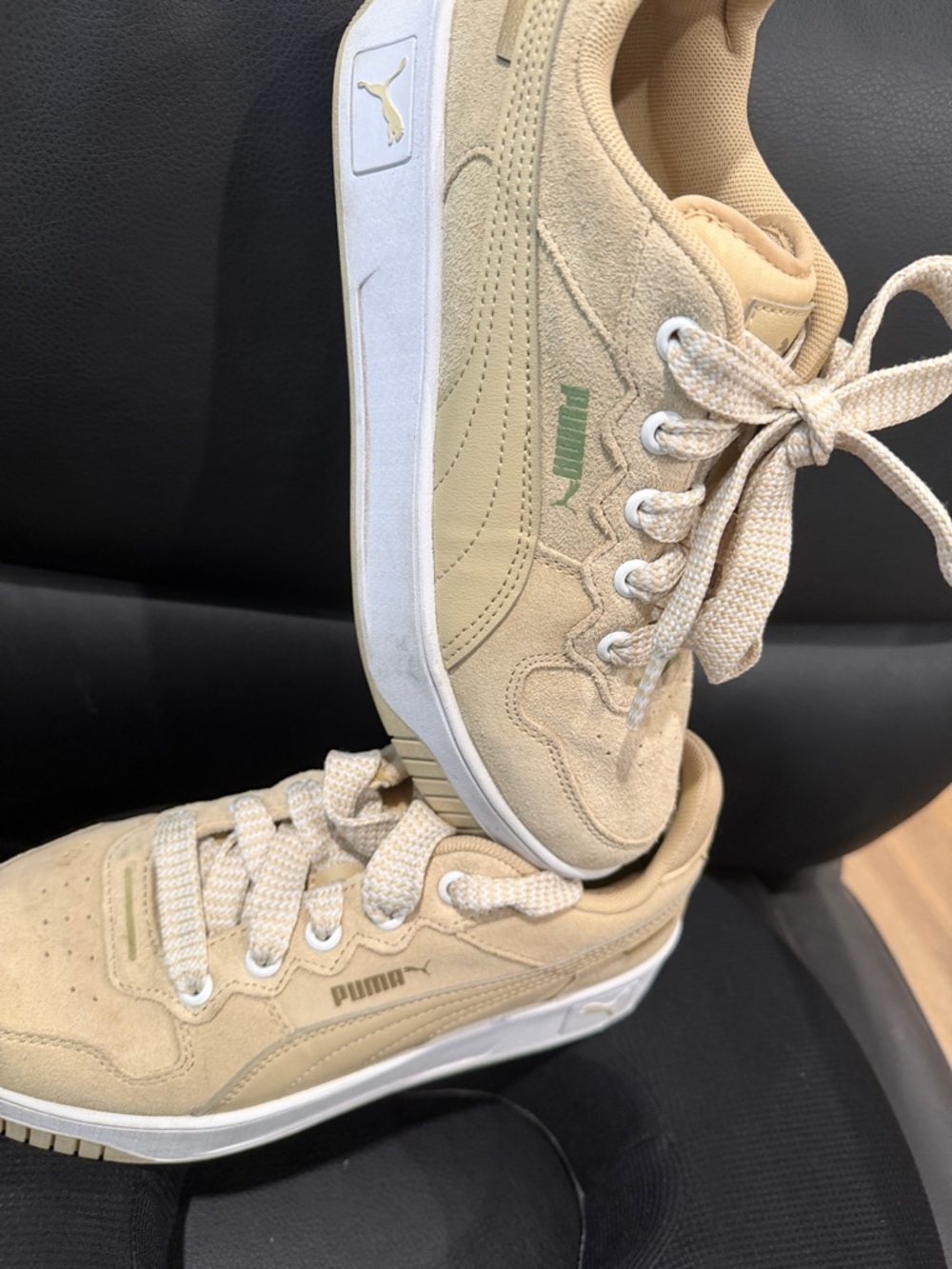 Puma Tan Suede Sneakers with White Soles and Green Logo